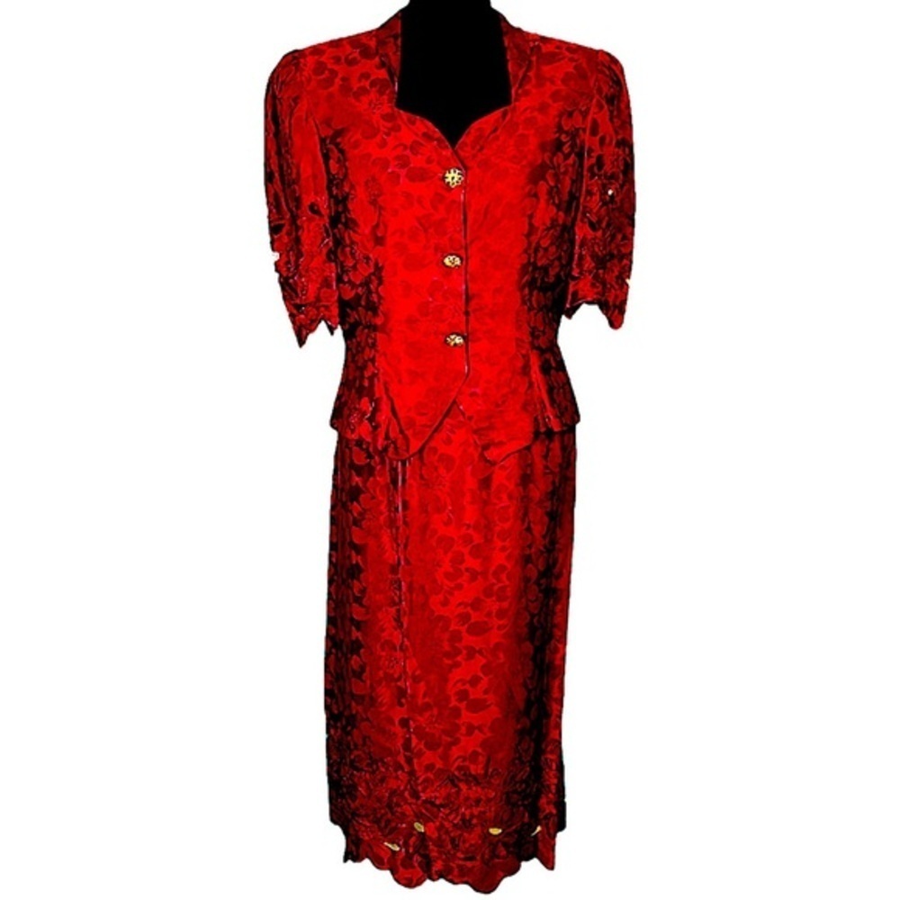 Vintage Images of Many Colors by Lucrezia Silk  Jacquard Skirt Set Red Size 12